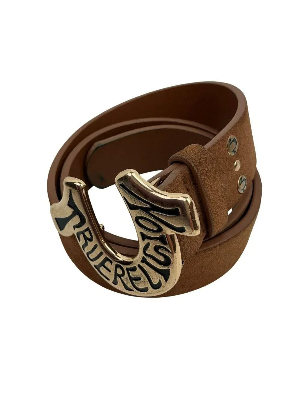 New True Religion Gold Logo Horseshoe Buckle Suede Leather Belt Mens Small Bro